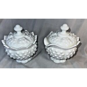 Vintage Set Fenton Hobnail Milk Glass Lidded Sugar Bowl and Creamer EVC